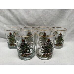 Set of 6 Spode Christmas Tree clear Old Fashion rocks glasses 4.25” cocktail VTG